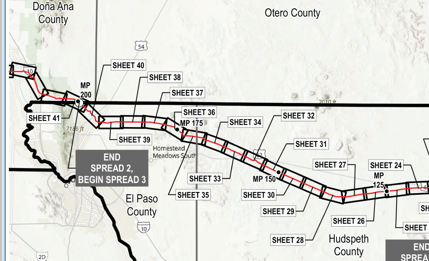 Transwestern's route map for West Texas: the proposed mainline runs west from Hudspeth County along US 62/180, north of Homestead Meadows South, and crosses into New Mexico near milepost 200.